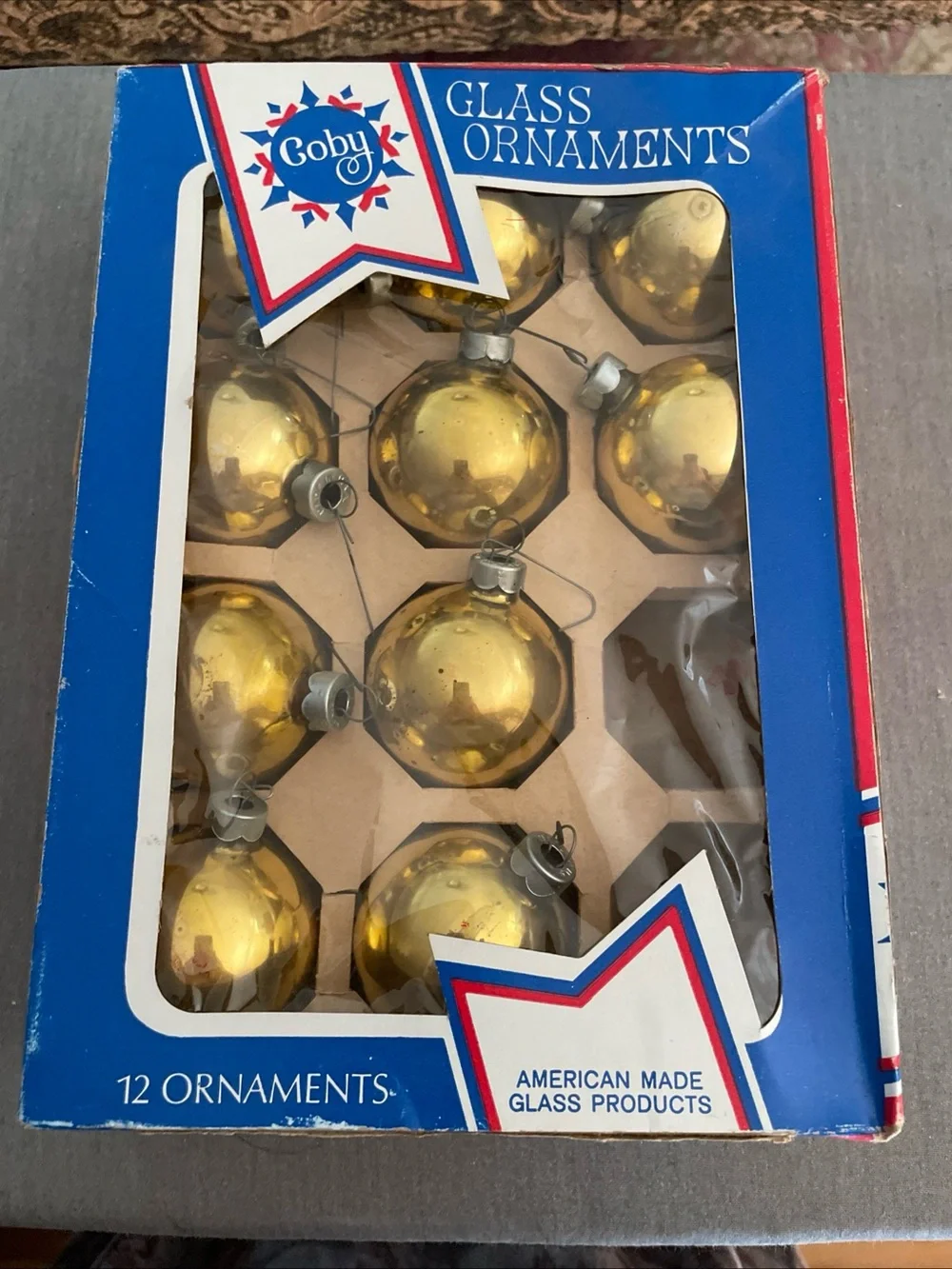 Lot of 10 Vintage Coby 2” Glass Gold Christmas Tree Ornaments In Original Box